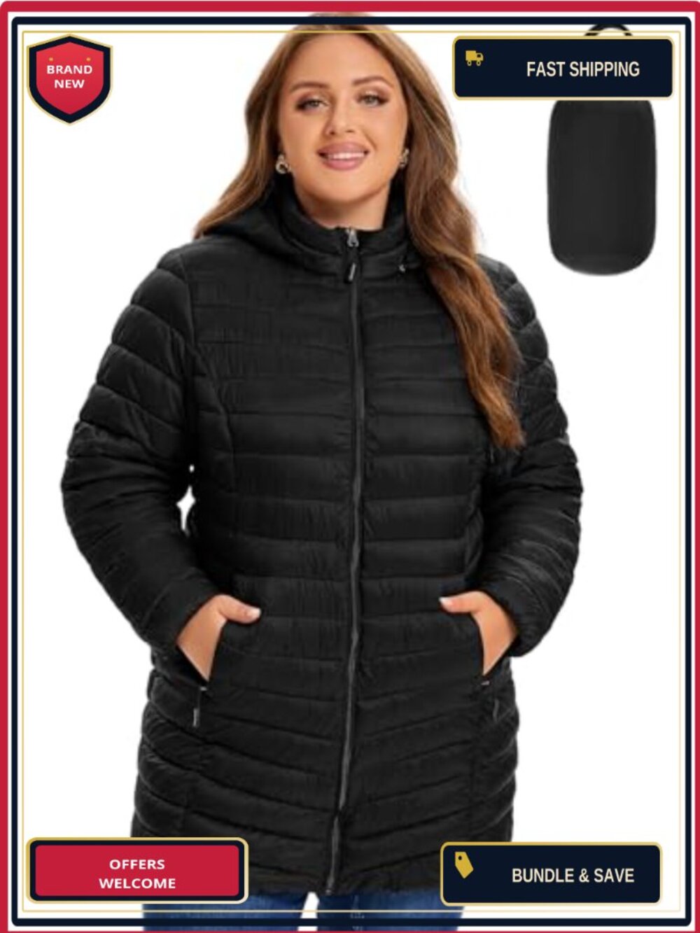 Women's Plus Size Lightweight Packable Puffer Jacket Detachable Hood Quilted